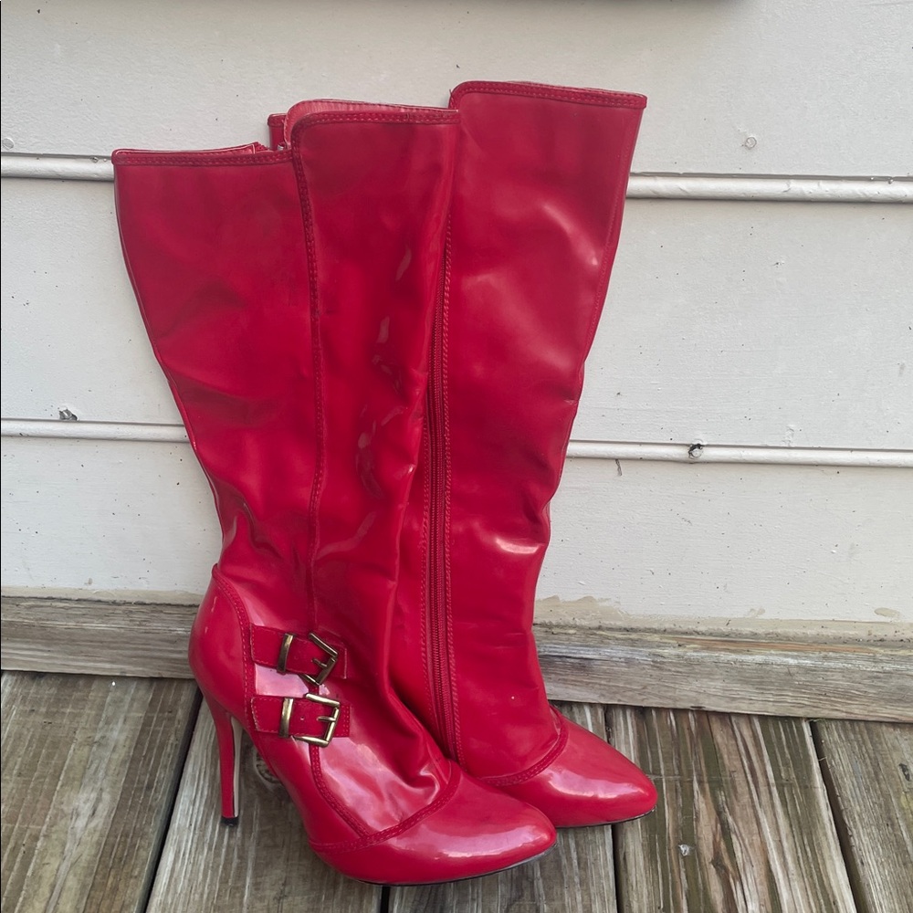 Madison Danette Red Patent Leather Knee High Stiletto Heeled Boots Size 8.5